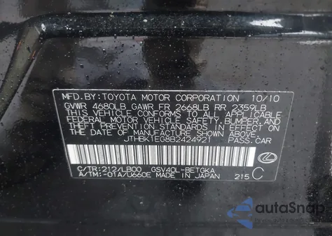 2011 Lexus Es 350 from USA, damaged, VIN JTHBK1EG8B2424921